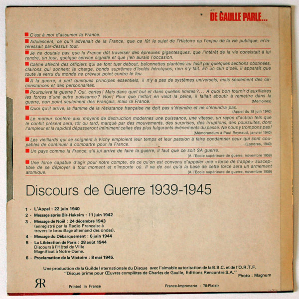 "DE GAULLE Parle" disque 33 tours 1/2