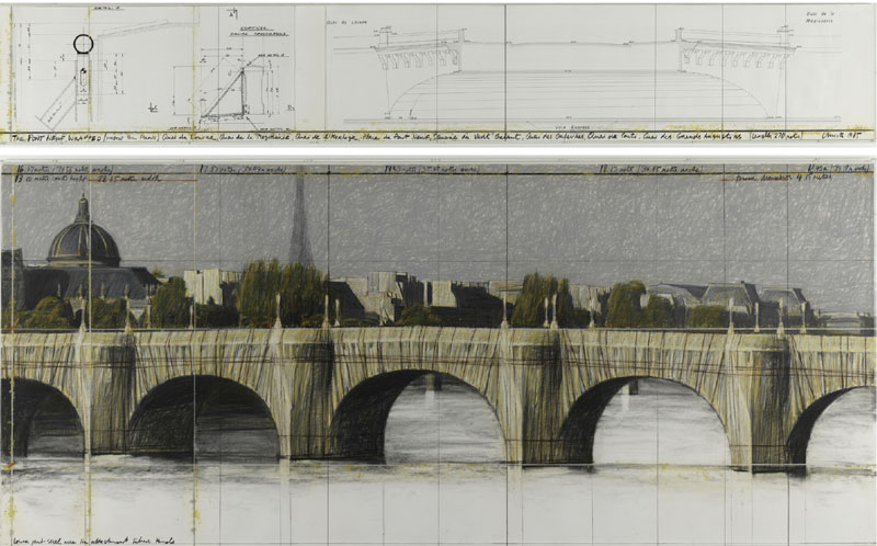The Pont-Neuf Wrapped (Project for Paris), 1985 Pencil, pastel, charcoal, wax crayon, ink prints  and glue on paper mounted on cardboard in a  Plexiglas vitrine frame Diptych: 38 × 244 cm and 106.6 × 244 cm Collection of the artist © Christo 1985 Photo © Philippe Migeat