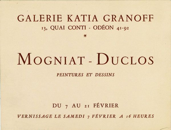Exposition Mogniat-Duclos Galerie Katia Granoff Collection Serge Hamon