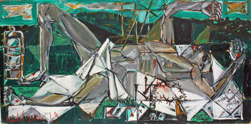 Michel PATRIX (1917-1973) "Les dés sont Pipés" Huile/panneau Dimensions 60 x 120 cm (23,6x47,2 in) signé en bas à gauche et datée 49, étiquette d'époque au dos de David et Garnier avenue Matignon  Exposition en avril 1949. 