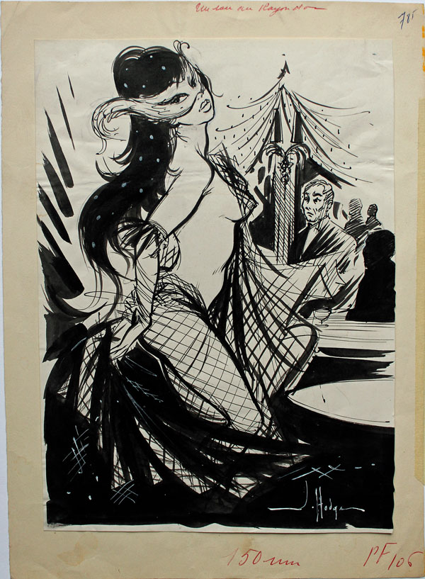 J. HODGE (XXème) Un soir au Rayon d'or, scène de maison close Dessin à l'encre de chine 27 x 19 cm signé en bas à droite 