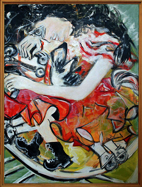 Ilana RAVIV (1945) girl on a wooden horse acrylique sur toile de 2002 dim.102 x 76,5 cm signée en bas à droite Rétrospective au Moscow Museum of Modern Art du 24 décembre 2008 au 18 janvier 2009