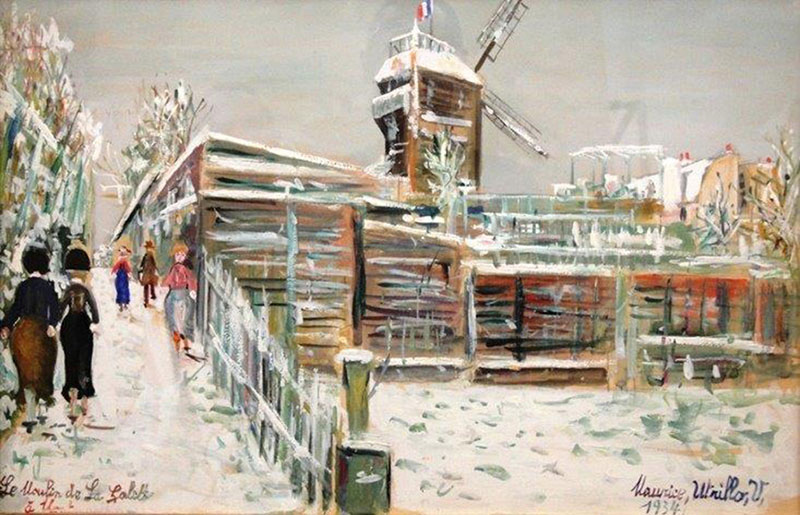 MAURICE UTRILLO (1883 - 1955), Moulin de la Galette sous la neige, Montmartre, 1934, gouache sur papier, signée et datée 1934 en bas à droite et titrée en bas à gauche Le Moulin de La Galette à Montmartre, 34  x 51 cm