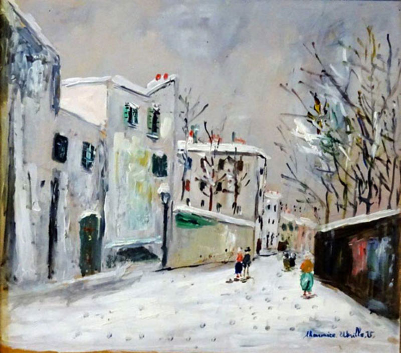 MAURICE UTRILLO (1883 - 1955), Rue Saint-Vincent sous la neige, Montmartre, circa 1955, huile sur panneau parqueté, signée en bas à droite, 38,1 x 42,6 cm