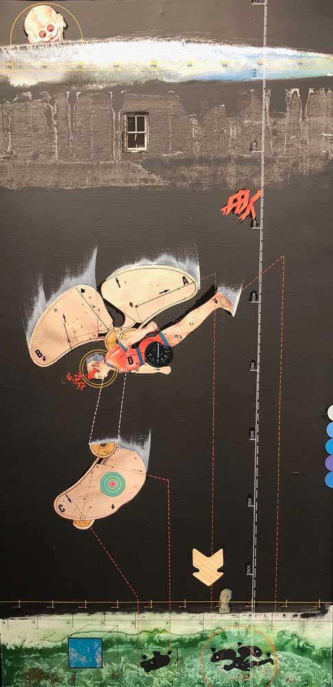 Jean-Pierre Vielfaure La Chute ou Icare synonyme était déjà prise, 1972, 100x49cm      Huile sur toile et collages. Signée et datée en bas à droite Signée datée titrée située au dos, 29 12 1972 Paris