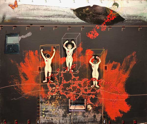 Jean-Pierre Vielfaure Le Bûcher, 1973, 46x55cm     						 Huile sur toile et collages. Signée et datée en bas à droite Signée datée titrée située au dos, 14 1 73 Paris