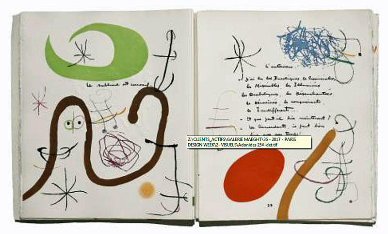 MIRÓ-PRÉVERT  ADONIDES  40,5 x 33,5 cm, 68 pages, 1975.  Éditeur : Maeght éditeur, Paris.  Imprimeur : ARTE Adrien Maeght, Paris.  43 gravures en couleurs à l’eau-forte et aquatinte et 2 eaux- fortes hors-texte en double page.  200 exemplaires sur Arches numérotés de 1/200 à 200/200.  Tous les exemplaires sont signés par Joan Miró et Aimé  Maeght, fac-similé de la signature de Jacques Prévert  (décédé avant l'achèvement du tirage). 