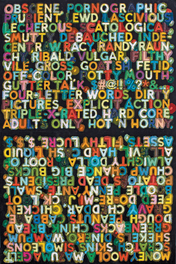 Mel Bochner Obscene/Money, 2006 Signed, titled and dated 2006 on the stretcher Oil on black velvet 181,3 x 120 cm | 71.4 x 47.2 in. Provenance Quint Contemporary Art, San Diego Private collection, Los Angeles Exhibited San Diego, Quint Contemporary Art, Mel Bochner - Velvet Paintings January - February 2007 Chicago, Rhona Hoffman Gallery, Mel Bochner: "Obscene", "Money", "Stupid", "Meaningless" and Other Recent Paintings on Velvet December 2006 - January 2007