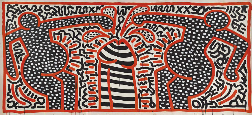 Keith Haring  Untitled (May 24 - 83), 1983  Signed and dated on the reverse  Acrylic on paper 183 x 377 cm | 78 x 148.4 in.  Provenance Galleria Salvatore Ala, Milan  Enrico Pedrini collection, Genoa  Exhibited  Gallarate, Galleria Civica di Arte Moderna, Nel Mondo della Graffiti Art  September - November 1995, p. 36, ill.  Literature  C. Crescentini, "Nel Mondo della Graffiti Art", Rivista di Arte e Critica  Gallarate, Galleria Civica di Arte Moderna, no. 8 October - December 1995, n.p., ill. 