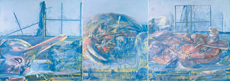 Dado, Boukoko triptyque, 1975. Huile sur toile, 162 × 454 cm.  Courtesy Jeanne Bucher Jaeger, Paris. Photo : Jean-Louis Losi. 