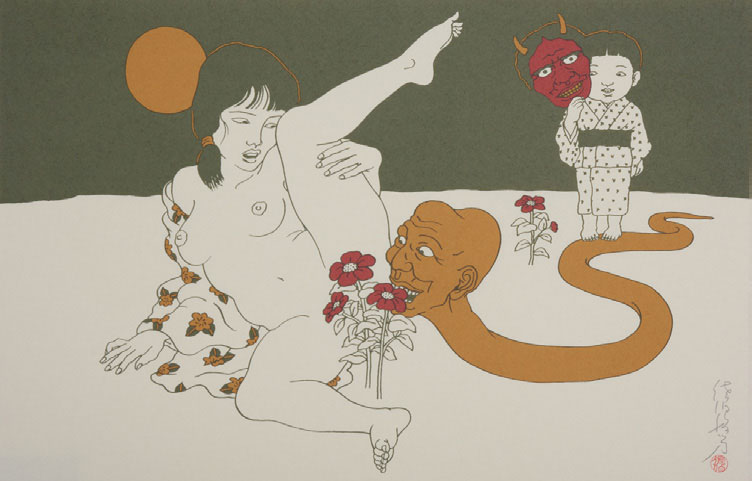 Toshio Saeki - HANANAGUSAME Sérigraphie sur papier de mûrier 52 cm x 39 cm, 2010 Courtesy Galerie Da-End