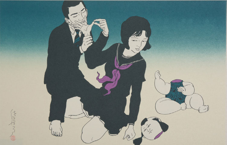 Toshio Saeki - YUBITAWAMURE Sérigraphie sur papier de mûrier 52 cm x 39 cm, 2010 Courtesy Galerie Da-End
