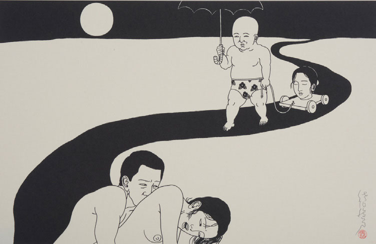 Toshio Saeki - TSUKIZURE Sérigraphie sur papier de mûrier 52 cm x 39 cm, 2010 Courtesy Galerie Da-End