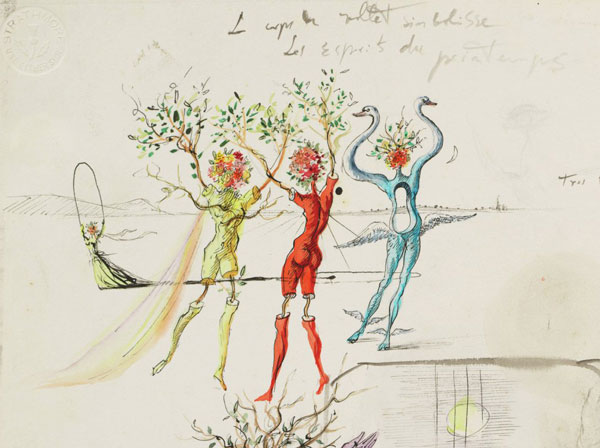 Salvador Dalí, « Destino », étude de personnages, 1945 (détail). Aquarelle, encre de Chine et mine de plomb sur carton © Mayoral 2023