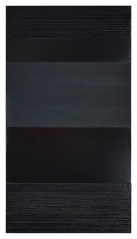 Pierre Soulages, Peinture 324 x 181 cm, 12 février 2005 Acrylique sur toile Polyptyque (4 châssis superposés :  deux de 81 x 181 cm, un de 91 x 181 cm, un de 71 x 181 cm)