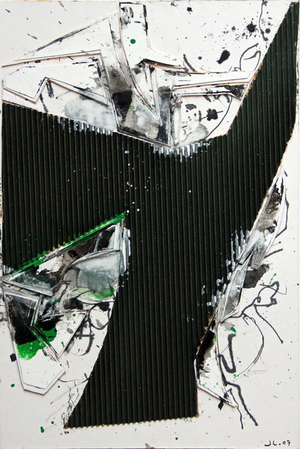 John Harrison Levee (1924-2017) technique mixte encre acrylique et collage sur panneau de 2007, signée en bas à droite et datée 07, dimensions 30 x 20 cm - Contresigné au dos, intitulé "JUIN II" 2007