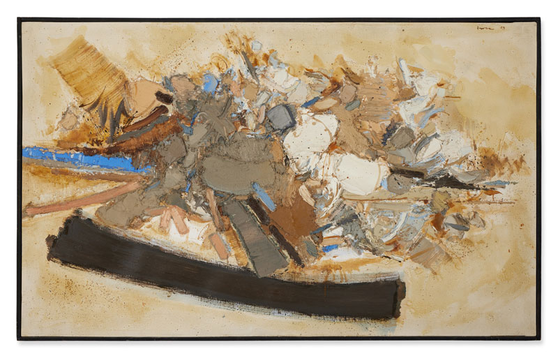 John Harrison Levee (1924 – 2017) oil and sand on canvas 35 by 57¼ in. 88.9 by 145.4 cm. signed Levee and dated 57 (upper right); signed Levee, titled and dated 1957 (on the reverse) and titled on the back October II