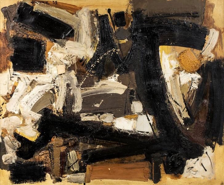 John Harrison Levee (1924-2017) huile sur toile dimensions 60 x 73 cm (23,7 x 28,8 in.) signée en haut à gauche et datée 55 contresignée au dos, intitulée Dec. II et datée 55.
