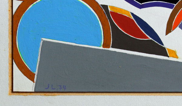 John Harrison Levee (1924-2017) acrylique sur panneau de 1974 dimensions 42,5 x 34,8 cm, signée en bas à gauche du monogramme JL et datée 74 - Contresigné au dos intitulé au dos Idea II - 1974) 
