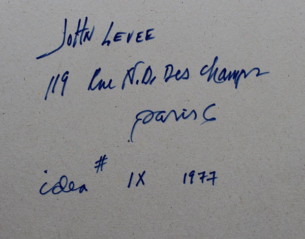 John Harrison LEVEE (1924-2017) acrylique sur panneau carton de 1977 dimensions 74,5 x 50,5 cm  signée en bas au centre gauche du monogramme JL et daté 77- Contresigné au dos, intitulé idea IX - 1977