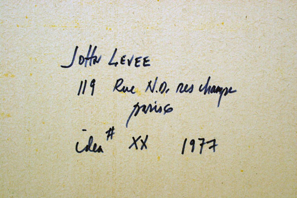 John Levee acrylique sur panneau carton de 1977 dimensions 74,5 x 50,8 cm signé du monogramme JL et daté 77 en bas à droite, contresigné au dos et intitulé IDEA XX - 1977
