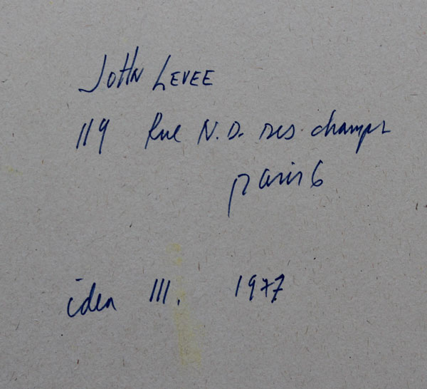 John Harrison Levee (1924-2017) acrylique sur panneau de 1977 dimensions 74 x 51 cm signé en bas à droite du monogramme JL 77 , contresigné au dos et intitulé Idea III - 1977
