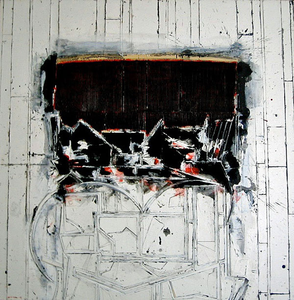 John Harrison Levee (1924-2017), technique mixte sur toile, composition abstraite. Dimensions 150 cm x 150 cm (59,25 x 59,25 in.) signée en bas à gauche et datée 97, contresignée au dos et datée 1997.