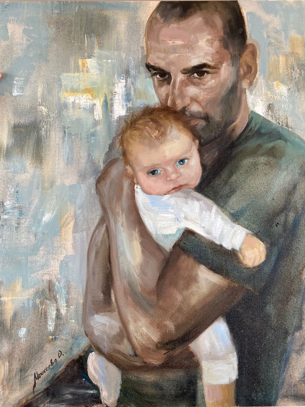 Oxana Moiseeva portrait de son mari Cédric Pioline avec son fils