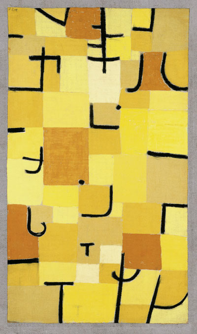 Paul Klee Zeichen in Gelb, 1937, 210 signes en jaune Pastel sur coton sur peinture à la colle sur jute sur châssis original 83,5 x 50,3 cm Fondation Beyeler, Riehen/Bâle, Collection Beyeler Photo : Robert Bayer Courtesy Fondation Beyeler