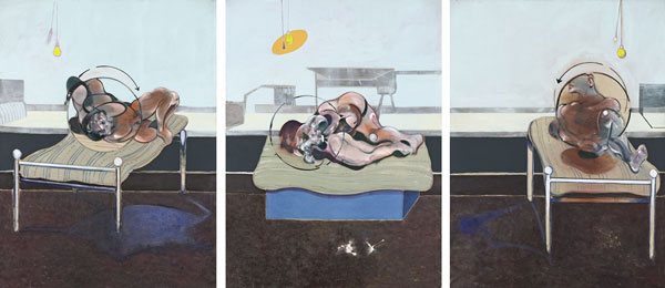Francis Bacon, Three Studies of Figures on Beds, 1972 Huile et plâtre sur toile, Triptychon chacun 198 x 147.5 cm Esther Grether Collection privée © The Estate of Francis Bacon. All rights reserved / 2018, ProLitteris, Zurich Photo: Robert Bayer