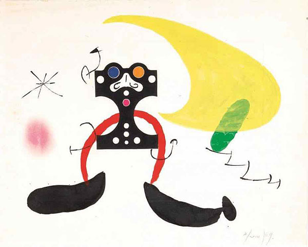 Cosmonaute – maquette, 1969. Encre de Chine,  Gouache et Pastel sec sur eau-forte originale. © Successió Miró, Adagp Paris 2019. Photo Claude Germain /  Archives Fondation Maeght.