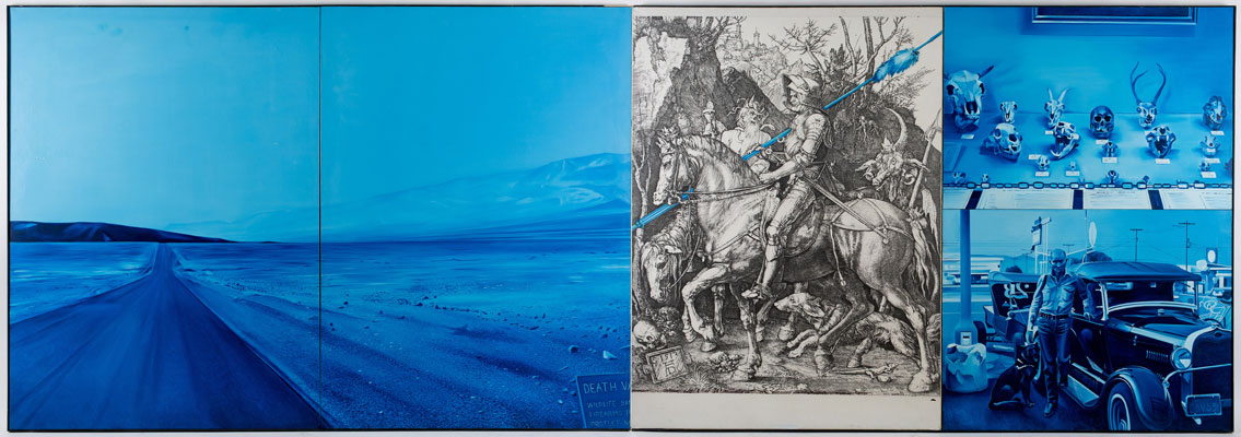 MONORY Death Valley n°1, 1974. Huile sur toile et toile sensibilisée (gravure Le Chevalier et la Mort, Albrecht Dürer), 170 x 490 cm. Photo Augustin de Valence.