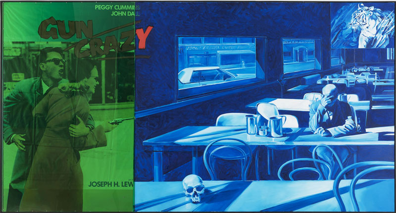 Monory Couleur N° 1, 2002. Huile sur toile, affiche de cinéma « Gun Crazy » de J.H. Lewis et plexiglas, 160 x 300 cm. Photo Jacques Monory.