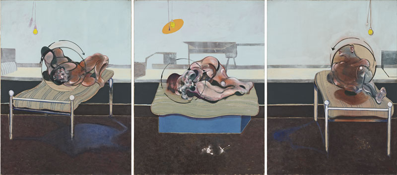 Francis Bacon Trois études de personnages couchés sur un lit (Three Studies of Figures on Beds), 1972 Huile et pastel sur toile Trois panneaux, 198 x 147,5 cm chacun Esther Grether Family Collection © The Estate of Francis Bacon. Tous droits réservés. DACS/VEGAP. Bilbao, 2016 Photo :  Bildpunkt AG, Münchenstein 