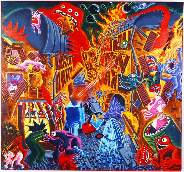 Hervé Di Rosa, Di Rosaworld, 2020. Acrylique sur toile, 215 x 155 cm © Adagp Paris 2026 Émergence d'un langage Le rez-de-chaussée du centre d'art plonge le visiteur dans l'effervescence des années 1980, moment fondateur où Hervé Di Rosa développe un langage plastique immédiatement reconnaissable. Figures hybrides, narration foisonnante, énergie graphique et palette vive : sa peinture s'inscrit en rupture avec les codes dominants de l'époque et affirme une liberté de ton revendiquée. Nourrie par la culture populaire, la bande dessinée, l'imagerie vernaculaire et les arts dits « mineurs », elle participe à redéfinir les hiérarchies artistiques et à élargir le champ de la peinture contemporaine. Hervé Di Rosa, L'attaque de la rue du Malheur, 1984. Acrylique sur toile, 189 x 202 cm © Adagp Paris 2026