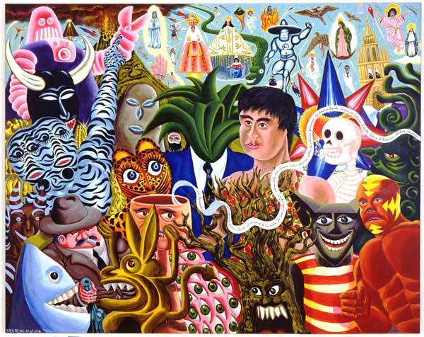 Hervé Di Rosa, L'attaque de la rue du Malheur, 1984. Acrylique sur toile, 189 x 202 cm © Adagp Paris 2026 Voyages et dialogues Le deuxième chapitre, au premier étage, s'articule autour des nombreux voyages de l'artiste, qui constituent un axe essentiel de sa démarche : le projet Autour du Monde qui comprend 19 étapes. De l'Afrique à l'Asie, de l'Europe aux États-Unis, Hervé Di Rosa développe un travail in situ en collaboration avec des artisans et des ateliers locaux. Il y intègre techniques, matériaux et savoir-faire spécifiques, donnant naissance à des œuvres hybrides, à la croisée des traditions. Les ensembles présentés, issus notamment du Ghana, du Vietnam, du Mexique, de Séville, d'Israël, de Miami et de Paris, témoignent d'un dialogue fécond entre les cultures, où la peinture devient un véritable terrain d'échange, de circulation et de réinvention des formes. Hervé Di Rosa, Despedida de la Muñeca, 2003-2004. Acrylique sur toile 200 x 250 cm © Adagp Paris 2026