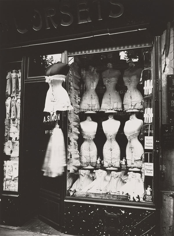 Eugène Atget, Boulevard de Strasbourg, Corsets, 1912, printed later. Gelatin silver print, 9 1/4 × 6 7/8 in. (23.5 × 17.5 cm). The Menil Collection, Houston