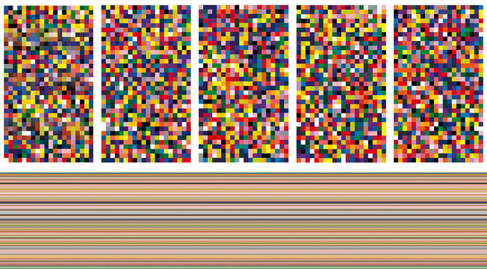 Up: Gerhard Richter, 4,900 Colors, 2007. Enamel paint on aluminum, 140 panels (each panel: 48.5 x 48.5 cm),  5 plates (each: 7 x 4 panels): 339.5 x 194 cm. Private Collection, © Gerhard Richter,  Courtesy the artist and the Metropolitan Museum of Art Down: Gerhard Richter, Strip, 2013. Inkjet print on fine art paper between acrylic and aluminum, 200 x 1000 cm,  Private Collection, © Gerhard Richter, Courtesy the artist and the Metropolitan Museum of Art