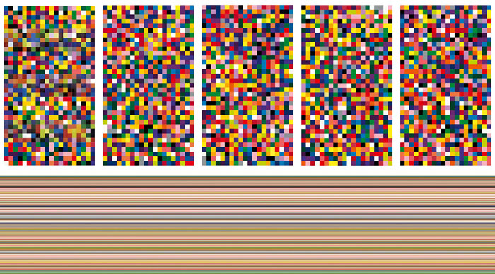 Up: Gerhard Richter, 4,900 Colors, 2007. Enamel paint on aluminum, 140 panels (each panel: 48.5 x 48.5 cm), 5 plates (each: 7 x 4 panels): 339.5 x 194 cm. Private Collection, © Gerhard Richter, Courtesy the artist and the Metropolitan Museum of Art Down: Gerhard Richter, Strip, 2013. Inkjet print on fine art paper between acrylic and aluminum, 200 x 1000 cm, Private Collection, © Gerhard Richter, Courtesy the artist and the Metropolitan Museum of Art