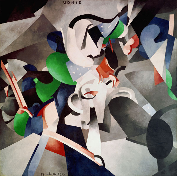 Francis Picabia. Udnie (Jeune fille américaine; danse) (Udnie [Young American Girl; Dance]). 1913.  Oil on canvas, 9' 6 3/16? × 9' 10 1/8? (290 × 300 cm). Centre Pompidou, Musée national d’art moderne –  Centre de création industrielle, Paris. Purchased by the State, 1948.  © 2016 Artist Rights Society (ARS), New York/ADAGP, Paris. Photo:  © Centre Pompidou, MNAM-CCI/Georges Meguerdtchian/Dist. RMN–Grand Palais/Art Resource, New York.