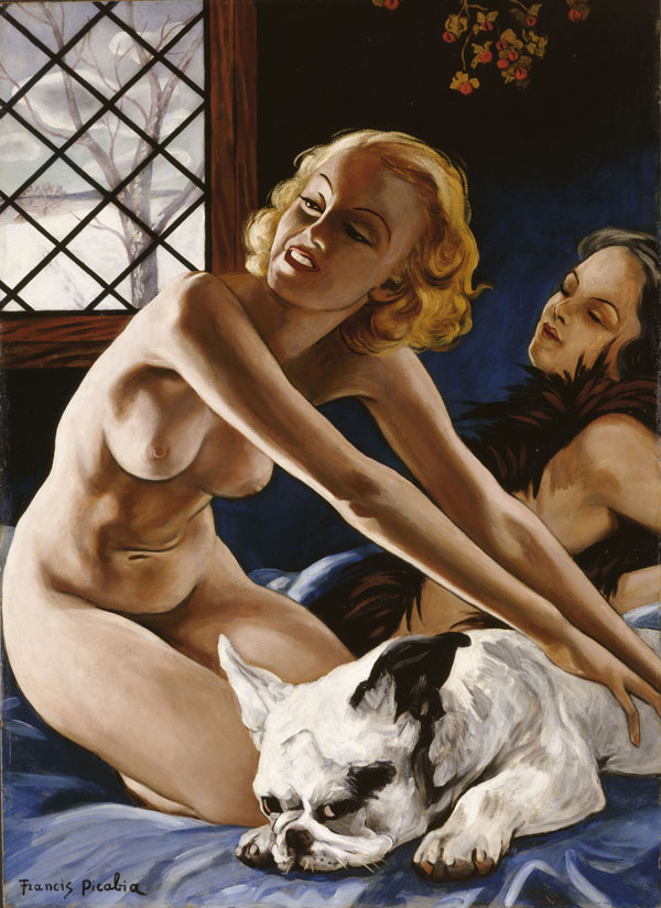 Francis Picabia (French, 1879–1953). Femmes au bull-dog (Women with Bulldog). c. 1941.  Oil on board, 41 3/4 x 29 15/16? (106 x 76 cm). Centre Pompidou, Musée national d’art moderne –  Centre de création industrielle, Paris. Purchase from a public sale, 2003.  © 2016 Artist Rights Society (ARS), New York/ADAGP, Paris. Photo: © Centre Pompidou,  MNAM-CCI/Jean-Claude Planchet/Dist. RMN–Grand Palais/Art Resource, New York.