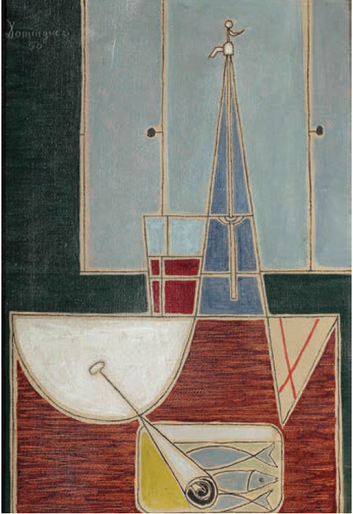 Óscar Domínguez, Naturaleza muerta con sifón y lata  de sardinas, 1950, painting, 32 x 22 cm.  Courtesy Galeria Marc Domènech 