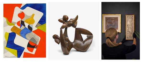 De gauche à droite : Maurice ESTÈVE (1904 – 2001) Aquarelle A – 140 1954 Aquarelle sur papier,  Baltasar LOBO (1910 – 1993) Maternité (Esquisse pour Caracas) 1953 – Bronze à patine brune et dorée - Galerie Daniel Levy, Hommage à Georg Klimt à la Galerie Florian Kolhammer.