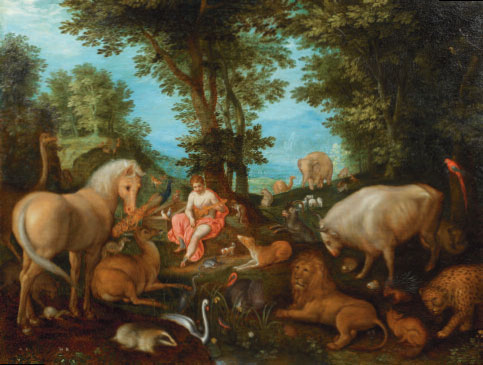 Adrian van Stalbemt (Anvers 1580 - 1662), Paradis avec Orphée charmant les animaux, Vers 1625/28 Huile sur panneau 38 x 48 cm, GALERIE DE VOLDERE