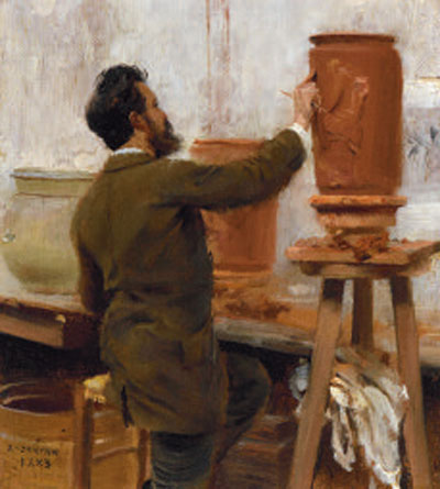 Édouard Dantan (1848 - 1897), Le Sculpteur Frédéric Hexamer modelant un vase en grès dans l’atelier Haviland, novembre 1883, Huile sur panneau, 15 x 13,5 cm, Signé et daté en bas à gauche : E. Dantan / 1883. Au verso, une étiquette ancienne : … peintre Dantan / représentant le sculpteur Hexamer / occupé à modeler un vase en grès - GALERIE TERRADES