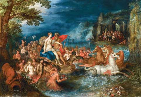 Frans Francken Le Jeune (1581 - 1642), Le Triomphe de Neptune et Amphitrite, Panneau : 53,6 x 75,2 cm, Signé en bas à droite : f·franck · iN F fe - DE JONCKHEERE